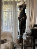 Elegant Black One Shoulder Chiffon Beaded Bias Skirt Mermaid Prom Dress HZ1022