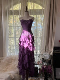 Retro Strapless Grape Purple Fungus Curled Skirt Chiffon Long Prom Dress HZ1022