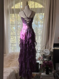 Retro Strapless Grape Purple Fungus Curled Skirt Chiffon Long Prom Dress HZ1022