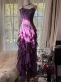 Retro Strapless Grape Purple Fungus Curled Skirt Chiffon Long Prom Dress HZ1022