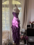Retro Strapless Grape Purple Fungus Curled Skirt Chiffon Long Prom Dress HZ1022