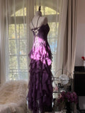 Retro Strapless Grape Purple Fungus Curled Skirt Chiffon Long Prom Dress HZ1022