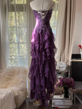 Retro Strapless Grape Purple Fungus Curled Skirt Chiffon Long Prom Dress HZ1022