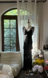 Elegant Black V-Neck Shoulder Beaded Chiffon Long Prom Dress HZ1022