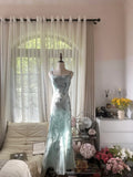 Lake Blue Square Neck Beaded Strap Long Prom Dress HZ1022