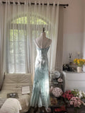 Lake Blue Square Neck Beaded Strap Long Prom Dress HZ1022