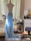 Vintage Light Blue Lace Beaded Open Back Short Train Prom Dress HZ1022