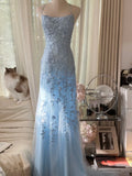 Vintage Light Blue Lace Beaded Open Back Short Train Prom Dress HZ1022
