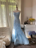 Vintage Light Blue Lace Beaded Open Back Short Train Prom Dress HZ1022