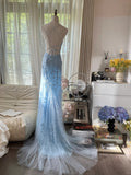 Vintage Light Blue Lace Beaded Open Back Short Train Prom Dress HZ1022