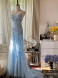 Vintage Light Blue Lace Beaded Open Back Short Train Prom Dress HZ1022