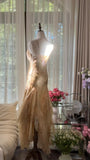 Retro Palace Gold Print Irregular Skirt Mermaid Long Prom Dress HZ1022