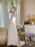 Elegant And Simple White Satin Open Back Prom Dress With Train HZ1022