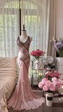 Retro Pink Halterneck V-neck Open Back Beaded Chiffon Long Prom Dress HZ1022