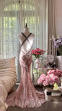 Retro Pink Halterneck V-neck Open Back Beaded Chiffon Long Prom Dress HZ1022