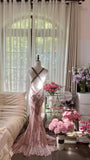 Retro Pink Halterneck V-neck Open Back Beaded Chiffon Long Prom Dress HZ1022