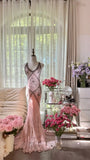 Retro Pink Halterneck V-neck Open Back Beaded Chiffon Long Prom Dress HZ1022