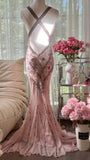 Retro Pink Halterneck V-neck Open Back Beaded Chiffon Long Prom Dress HZ1022
