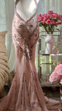 Retro Pink Halterneck V-neck Open Back Beaded Chiffon Long Prom Dress HZ1022