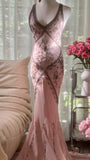 Retro Pink Halterneck V-neck Open Back Beaded Chiffon Long Prom Dress HZ1022