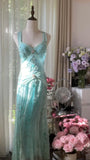 Stunning Blue Backless Beaded Chiffon Mermaid Maxi Prom Dress HZ1022