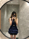 Vintage Navy Sleeveless Floral Skirt Homecoming Dress HZ1022