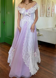 Princess Purple Vintage Lace Patchwork Front Open A-line Prom Dress HZ1022