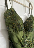 Vintage Dark Green Beaded Strap Chiffon Mermaid Slit Prom Dress HZ1022