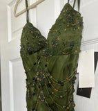 Vintage Dark Green Beaded Strap Chiffon Mermaid Slit Prom Dress HZ1022