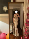 Sexy and Elegant Gold Beaded Lace V-Neck Slit Prom Dress HZ1022