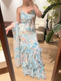 Stunning Blue Oil Painting Chiffon Ruffled Long Prom Dress HZ1022