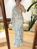 Stunning Blue Oil Painting Chiffon Ruffled Long Prom Dress HZ1022