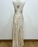 Vintage Elegant White Halter Backless Mermaid Satin Prom Dress HZ1022