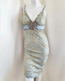 Stunning Blue Heavy Beaded V-neck Lace Bodycon Short Prom Dress HZ1022