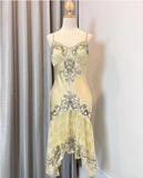 Vintage Yellow Strap Heavy Beaded Satin Lace Mermaid Prom Dress HZ1022