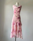 Cute Pink Printed Swing Neck Sleeveless Chiffon Prom Dress HZ1022