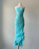 Elegant Blue Strapless Beaded Mermaid Chiffon Prom Dress HZ1022