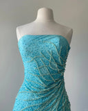 Elegant Blue Strapless Beaded Mermaid Chiffon Prom Dress HZ1022