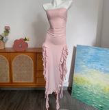 Sexy Hot Girl Tube Top Slit Ruffled Prom Dress HZ1022