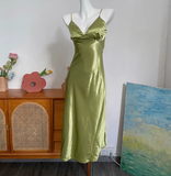 Simple V-neck Strap Satin Green Prom Dress HZ1022