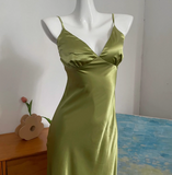 Simple V-neck Strap Satin Green Prom Dress HZ1022