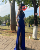 Shiny Strapless Sapphire Blue High Slit Mermaid Evening Dress Prom Dress HZ1022