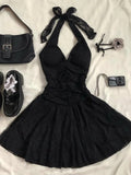 Cute Black Halter Neck Lace Mini Homecoming Dress HZ1022