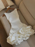 Cute White Sleeveless Satin Floral Skirt Homecoming Dress HZ1022