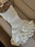 Cute White Sleeveless Satin Floral Skirt Homecoming Dress HZ1022