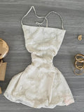 Spaghetti Strap White Embroidered Tie Back Mini Homecoming Dress HZ1022