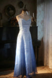 Vintage Gradient Blue Spaghetti Strap Beaded Tulle Long Prom Dress HZ1022