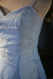 Vintage Gradient Blue Spaghetti Strap Beaded Tulle Long Prom Dress HZ1022