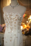 Elegant White Strapless Beaded Lace Trim Shiny Long Prom Dress HZ1022