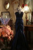 Elegant and Noble Navy Halter Beaded Mermaid Floor Length Prom Dress HZ1022